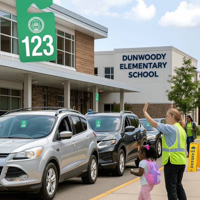 School carpool system transformation with organized car line, numbered carpool tags, and staff efficiently managing student pickup at elementary school